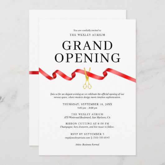 Elegant Grand Opening Einladung mit Red Ribbon (Vorne/Hinten)