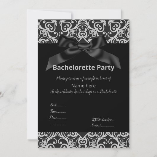 ELEGANT GRAU BLACK BOW BACHELORETTE INVITE EINLADUNG (Vorderseite)