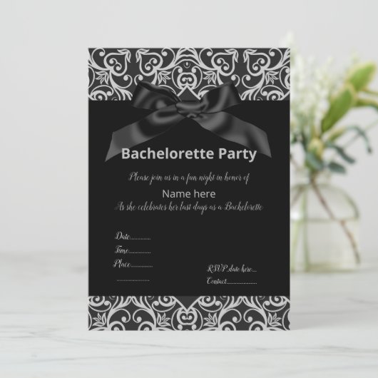 ELEGANT GRAU BLACK BOW BACHELORETTE INVITE EINLADUNG (Stehend Vorderseite)