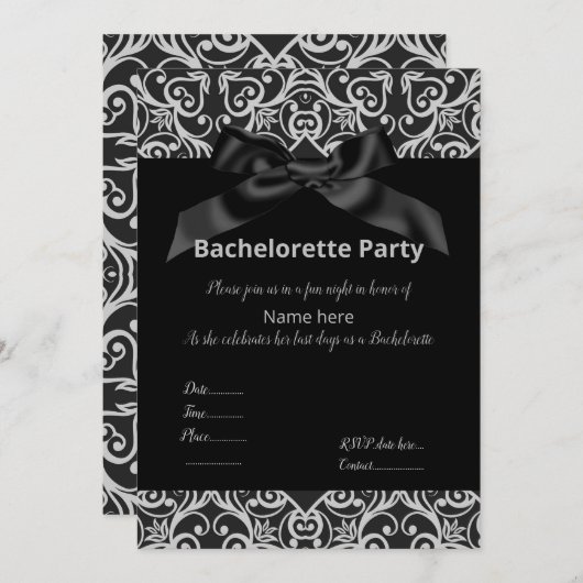 ELEGANT GRAU BLACK BOW BACHELORETTE INVITE EINLADUNG (Vorne/Hinten)