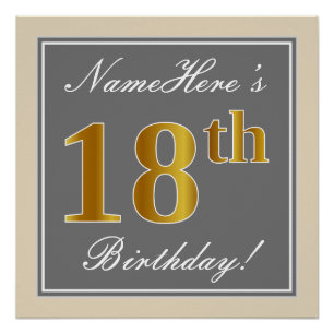 Elegant, Grau, Falsches Gold 18. Geburtstag + Name Poster