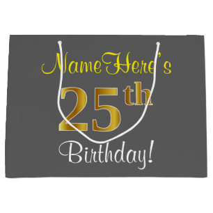 Elegant, Grau, Falsches Gold 25. Geburtstag + Name Große Geschenktüte