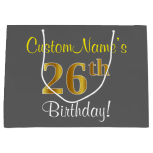 Elegant, Grau, Falsches Gold 26. Geburtstag + Name Große Geschenktüte