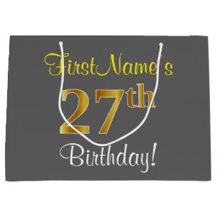 Elegant, Grau, Falsches Gold 27. Geburtstag + Name Große Geschenktüte