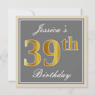 Elegant, Grau, Falsches Gold 39. Geburtstag + Name Einladung