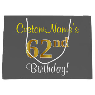Elegant, Grau, Falsches Gold 62. Geburtstag + Name Große Geschenktüte