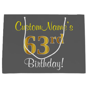 Elegant, Grau, Falsches Gold 63. Geburtstag + Name Große Geschenktüte