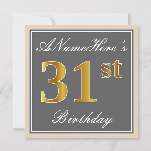 Elegant, grau, Imitat-Gold31. Geburtstag + Name Einladung (Vorderseite)
