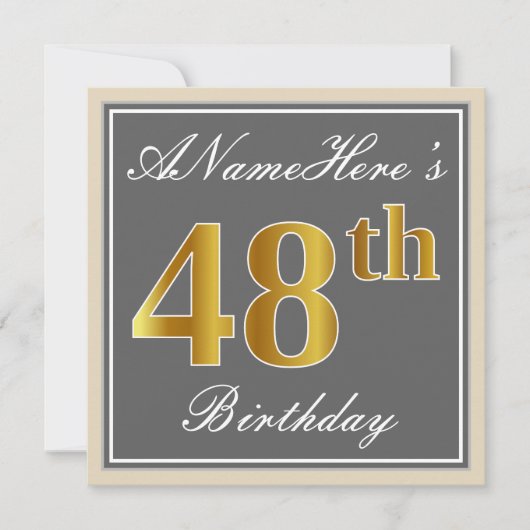 Elegant, grau, Imitat-Gold48. Geburtstag + Name Einladung (Vorderseite)