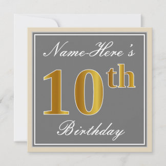 Elegant, grau, Imitate Gold 10. Geburtstag + Name Einladung