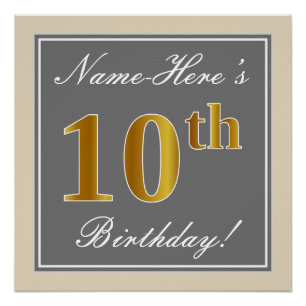 Elegant, grau, Imitate Gold 10. Geburtstag + Name Poster
