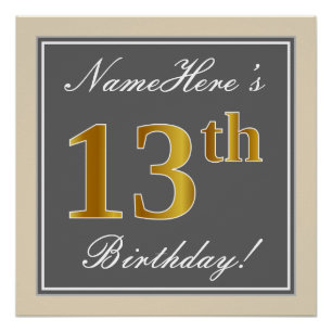 Elegant, grau, Imitate Gold 13. Geburtstag + Name Poster