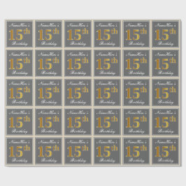 Elegant, grau, Imitate Gold 15. Geburtstag + Name Geschenkpapier