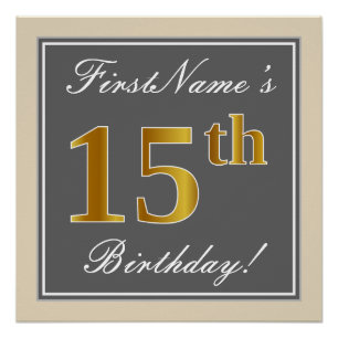 Elegant, grau, Imitate Gold 15. Geburtstag + Name Poster