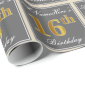 Elegant, grau, Imitate Gold 16. Geburtstag + Name Geschenkpapier (Rolleneckpunkt)