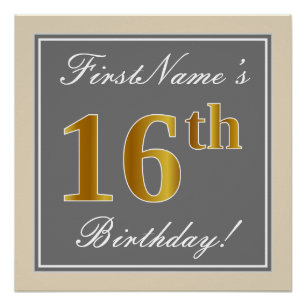Elegant, grau, Imitate Gold 16. Geburtstag + Name Poster