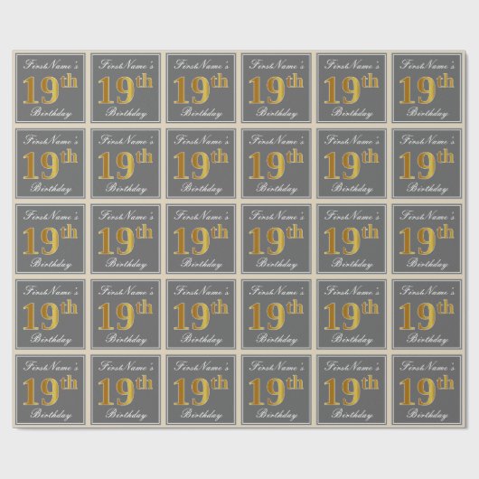 Elegant, grau, Imitate Gold 19. Geburtstag + Name Geschenkpapier (Flach)