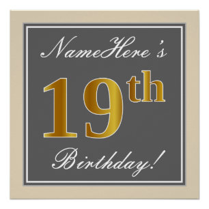 Elegant, grau, Imitate Gold 19. Geburtstag + Name Poster