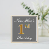 Elegant, grau, Imitate Gold 1. Geburtstag; Individ Einladung (Stehend Vorderseite)
