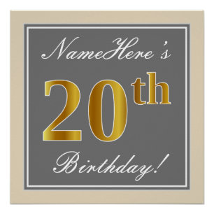 Elegant, grau, Imitate Gold 20. Geburtstag + Name Poster