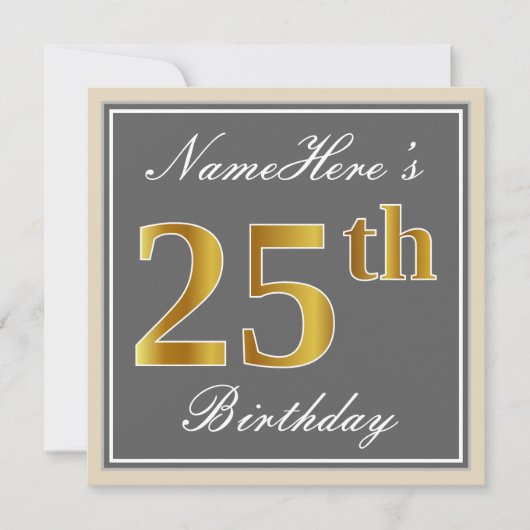Elegant, grau, Imitate Gold 25. Geburtstag + Name Einladung (Vorderseite)
