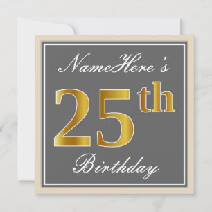 Elegant, grau, Imitate Gold 25. Geburtstag + Name Einladung