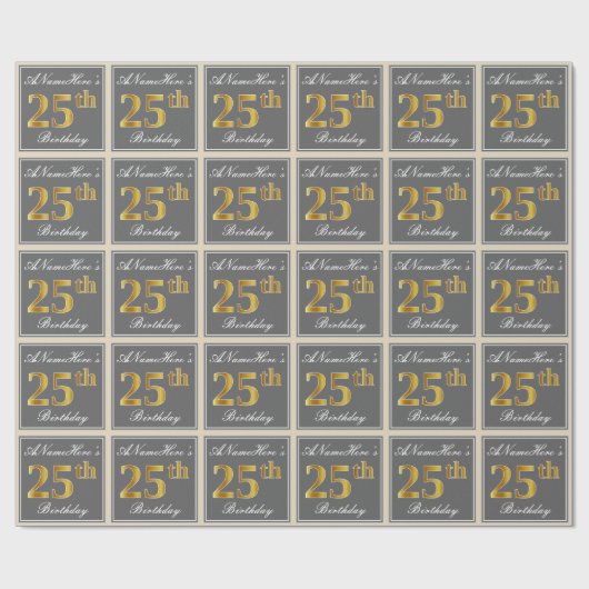 Elegant, grau, Imitate Gold 25. Geburtstag + Name Geschenkpapier (Flach)