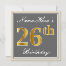 Elegant, grau, Imitate Gold 26. Geburtstag + Name Einladung