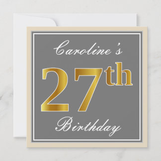 Elegant, grau, Imitate Gold 27. Geburtstag + Name Einladung