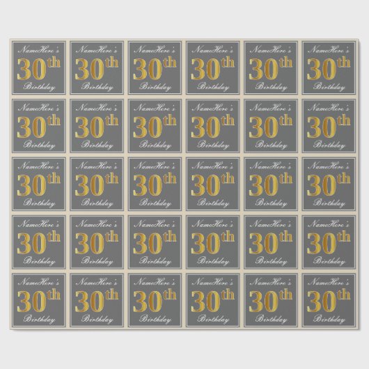 Elegant, grau, Imitate Gold 30. Geburtstag + Name Geschenkpapier (Flach)