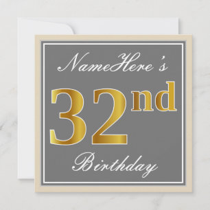 Elegant, grau, Imitate Gold 32. Geburtstag + Name Einladung