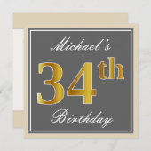 Elegant, grau, Imitate Gold 34. Geburtstag + Name Einladung (Vorne/Hinten)