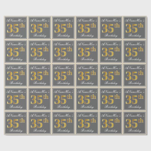 Elegant, grau, Imitate Gold 35. Geburtstag + Name Geschenkpapier (Flach)