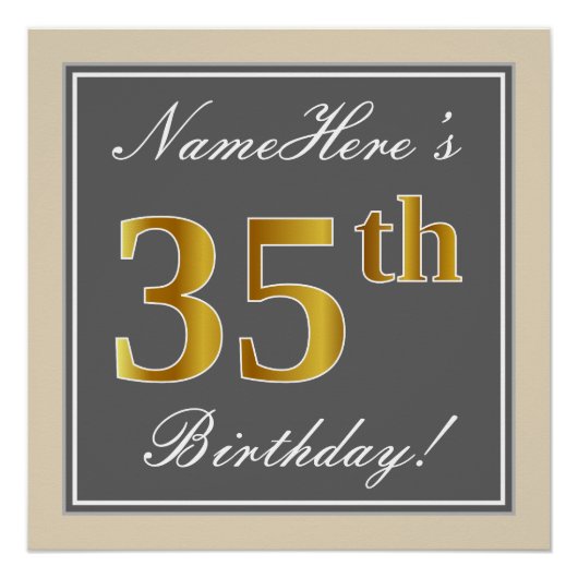 Elegant, grau, Imitate Gold 35. Geburtstag + Name Poster (Vorderseite)