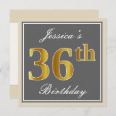 Elegant, grau, Imitate Gold 36. Geburtstag + Name Einladung (Vorne/Hinten)