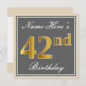 Elegant, grau, Imitate Gold 42. Geburtstag + Name Einladung (Vorne/Hinten)