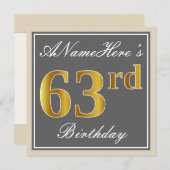 Elegant, Grau, Imitate Gold 43. Geburtstag + Name Einladung (Vorne/Hinten)