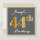 Elegant, Grau, Imitate Gold 44. Geburtstag + Name Einladung (Vorne/Hinten)