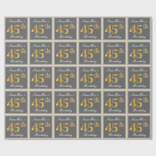 Elegant, grau, Imitate Gold 45. Geburtstag + Name Geschenkpapier (Flach)
