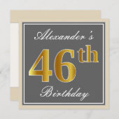 Elegant, grau, Imitate Gold 46. Geburtstag + Name Einladung (Vorne/Hinten)