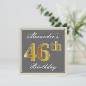 Elegant, grau, Imitate Gold 46. Geburtstag + Name Einladung (Stehend Vorderseite)