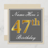 Elegant, Grau, Imitate Gold 47. Geburtstag + Name Einladung (Vorne/Hinten)