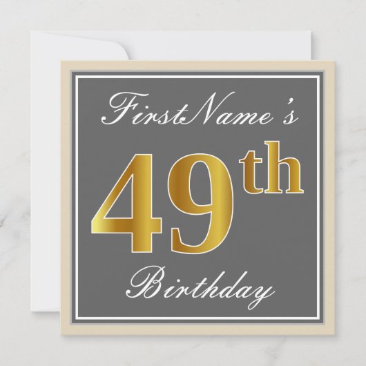 Elegant, Grau, Imitate Gold 49. Geburtstag + Name Einladung (Vorderseite)