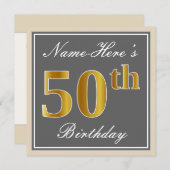 Elegant, grau, Imitate Gold 50. Geburtstag + Name Einladung (Vorne/Hinten)