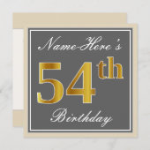 Elegant, grau, Imitate Gold 54. Geburtstag + Name Einladung (Vorne/Hinten)