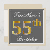 Elegant, grau, Imitate Gold 55. Geburtstag + Name Einladung (Vorne/Hinten)