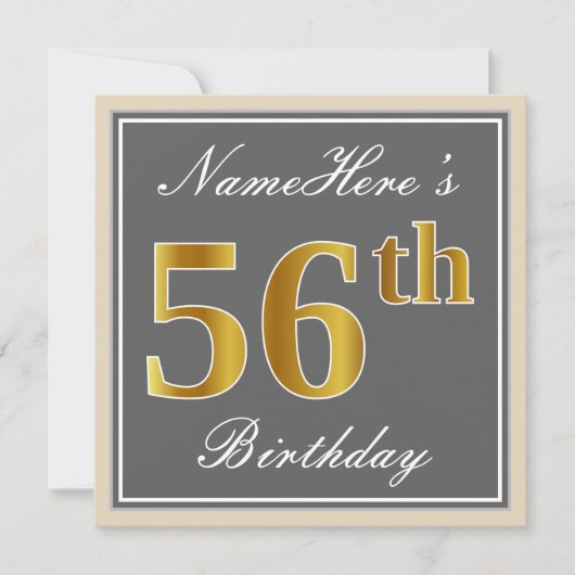 Elegant, grau, Imitate Gold 56. Geburtstag + Name Einladung (Vorderseite)