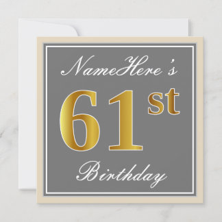 Elegant, grau, Imitate Gold 61. Geburtstag + Name Einladung