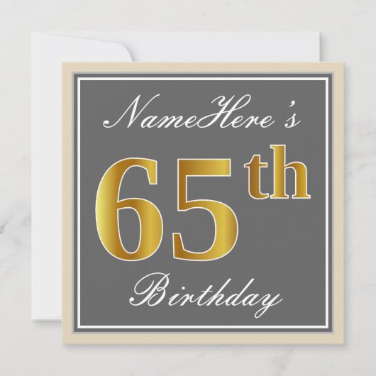 Elegant, grau, Imitate Gold 65. Geburtstag + Name Einladung (Vorderseite)