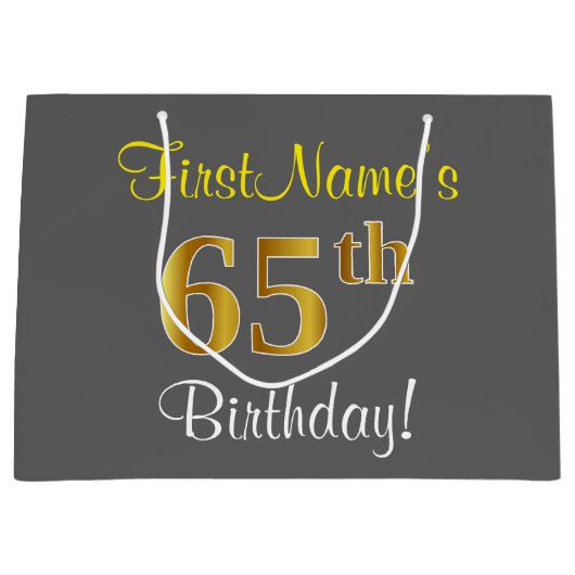 Elegant, grau, Imitate Gold 65. Geburtstag + Name Große Geschenktüte (Vorderseite)
